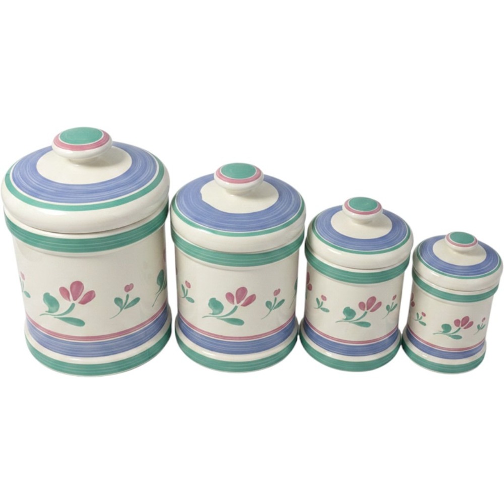 Vintage Japan Ceramic Canister Set 4 Piece Floral Pink Teal Blue Nesting Jars